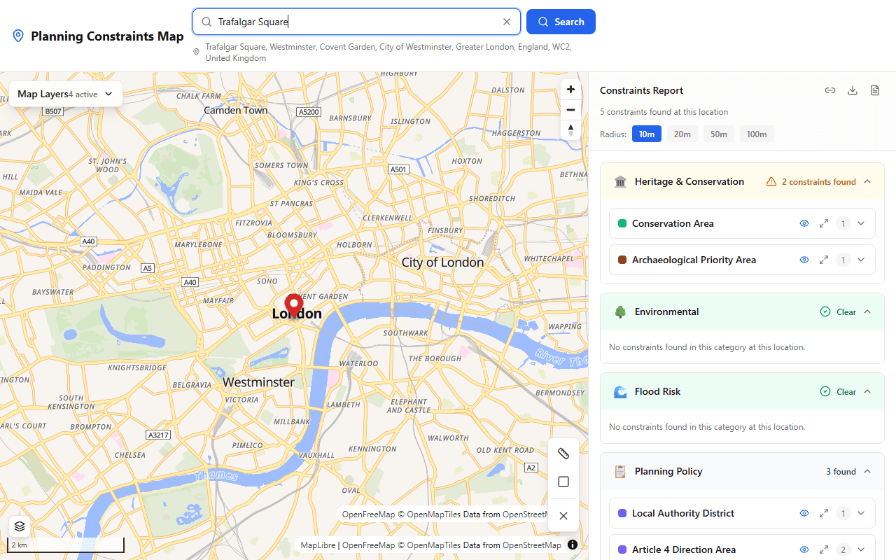 Planning Constraints Map showing constraints near Trafalgar Square, London